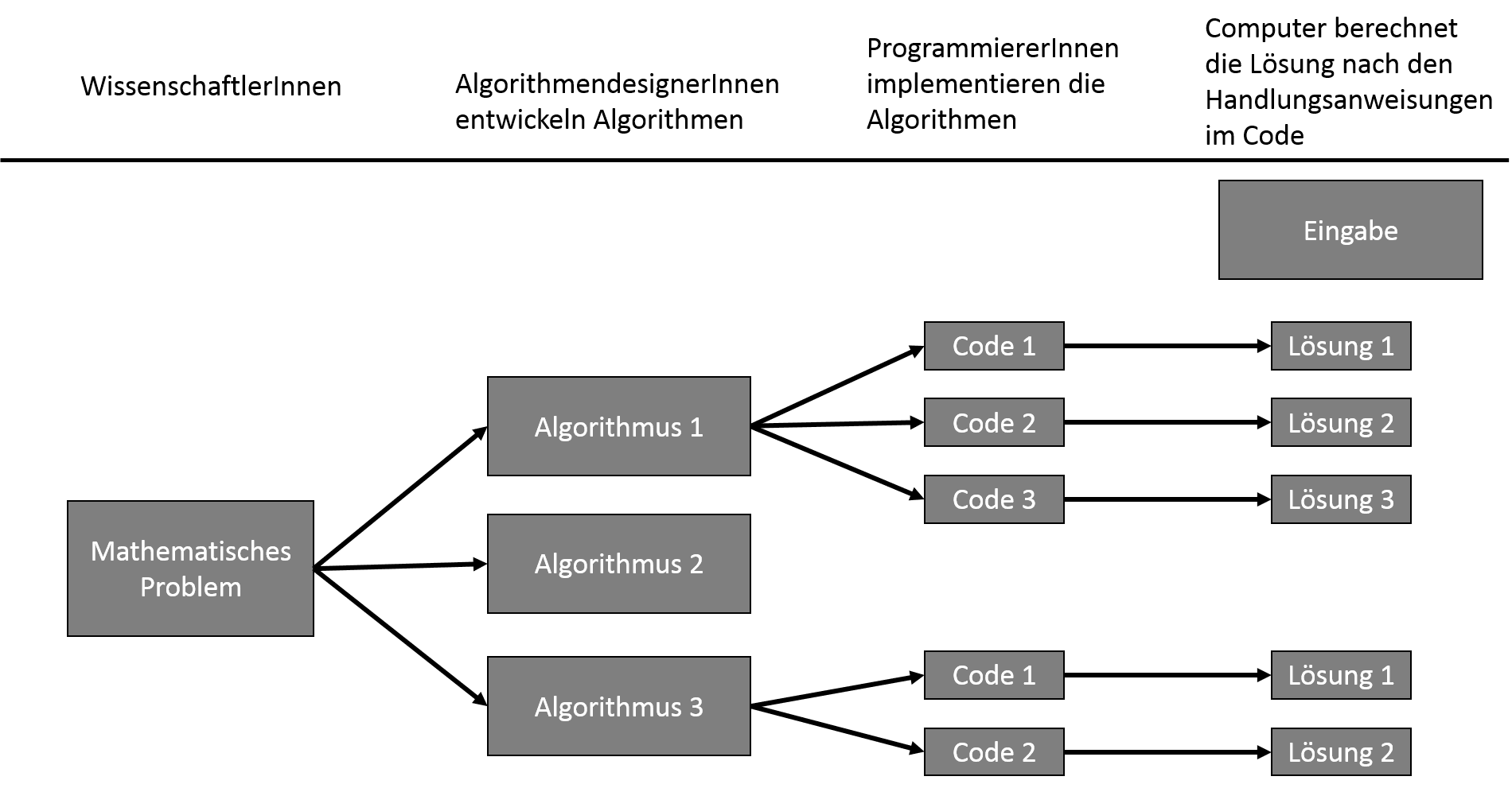 Abbildung 1: Verantwortlichkeiten von der Definition eines mathematischen Problems über den Entwurf von Algorithmen, die es lösen, über die Implementierung dieser Algorithmen bis zur Berechnung von Lösungen für spezifische Eingaben.